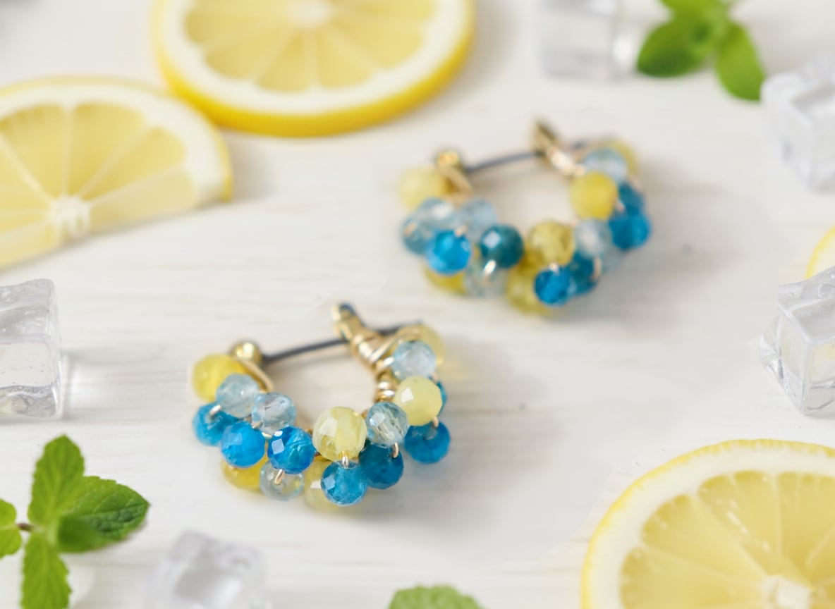 【フープピアス/フープイヤリング】レモンソーダ ( 黄色とブルーの天然石)