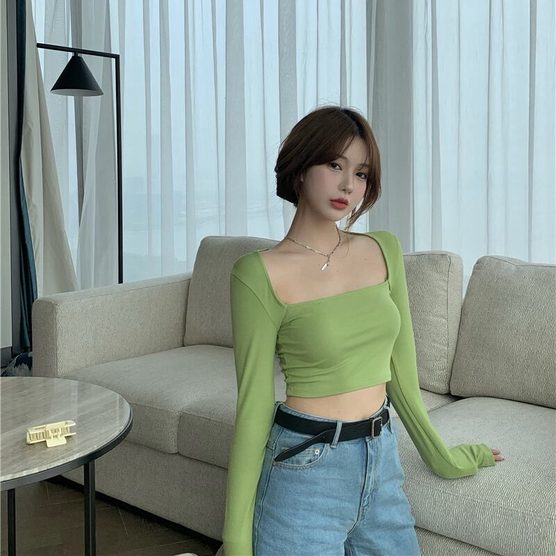 グレーのスクエアネックTシャツレディース秋タイトフィットスリムフィット長袖ボトミングシャツ2020新しいショートインナートップ ブラックストロベリース94452238544