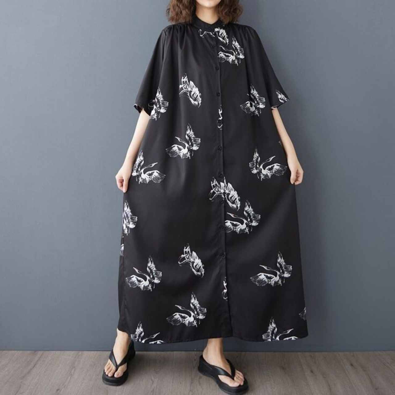 鶴柄 モノトーン ワンピース 30190