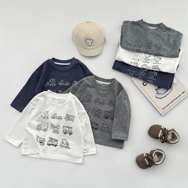 【90-140】秋カートゥーン車プリント長袖Tシャツ ベビー キッズ 男女兼用