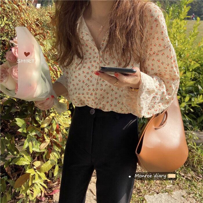 スタンダードフローラルシャツ ジャケット スプリングシフォントップス ロング レトロ 春物 花柄 モンロー99732641929