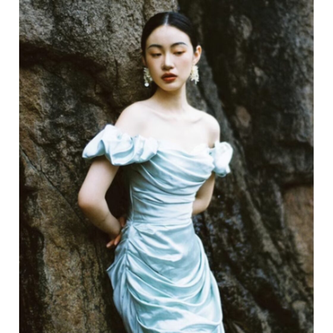 Xiaojunjun オフショルダー パーティードレス ワンピース ブルーグレー  