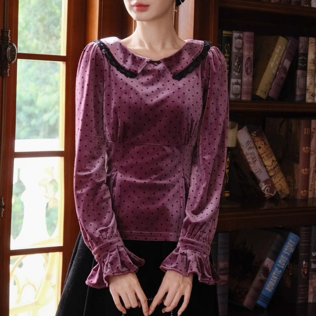 ドットベロア フリルカラーブラウス　W00341