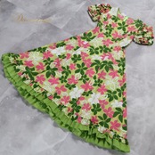 フラダンス 衣装 ワンピース ドレス ムームーファクトリー グリーン系 T&L MUUMUU FACTORY フリル パフスリーブ プルメリア柄 かわいい 華やか 鮮やか 明るい 緑 白 ピンク ハワイアン アロハ ハワイアンプリント フラ ダンス レッスン