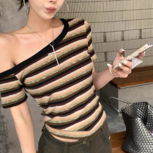 アシメショルダーマルチボーダートップス ・10640