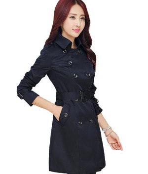 レディーストレンチコート薄手スプリングコート ロングジャケット長袖ミドル丈アウター ウインドブレイカー撥水カジュアル 春秋(ネイビー)