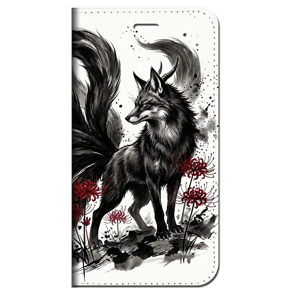 iPhone対応 スマホ 手帳型ケース 墨絵 九尾の狐 彼岸花 妖怪 和風 水墨画 伝統 白 伝説 神話 クール 水墨画 アート モノトーン クール 和モダン スマホケース スタンド Sumi-e Silhouette Art 【iPhone17 / iPhone16e / iPhone16 他 iPhone各機種対応】 |iajpfx03