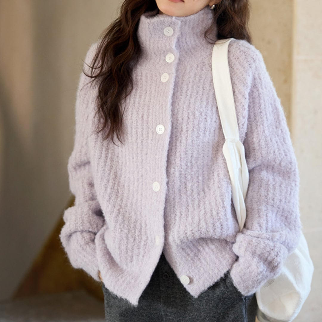 high neck knit cardigan and wide pants set