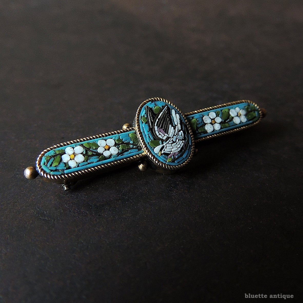 イタリアアンティーク マイクロモザイク 鳩と小花 バーブローチ