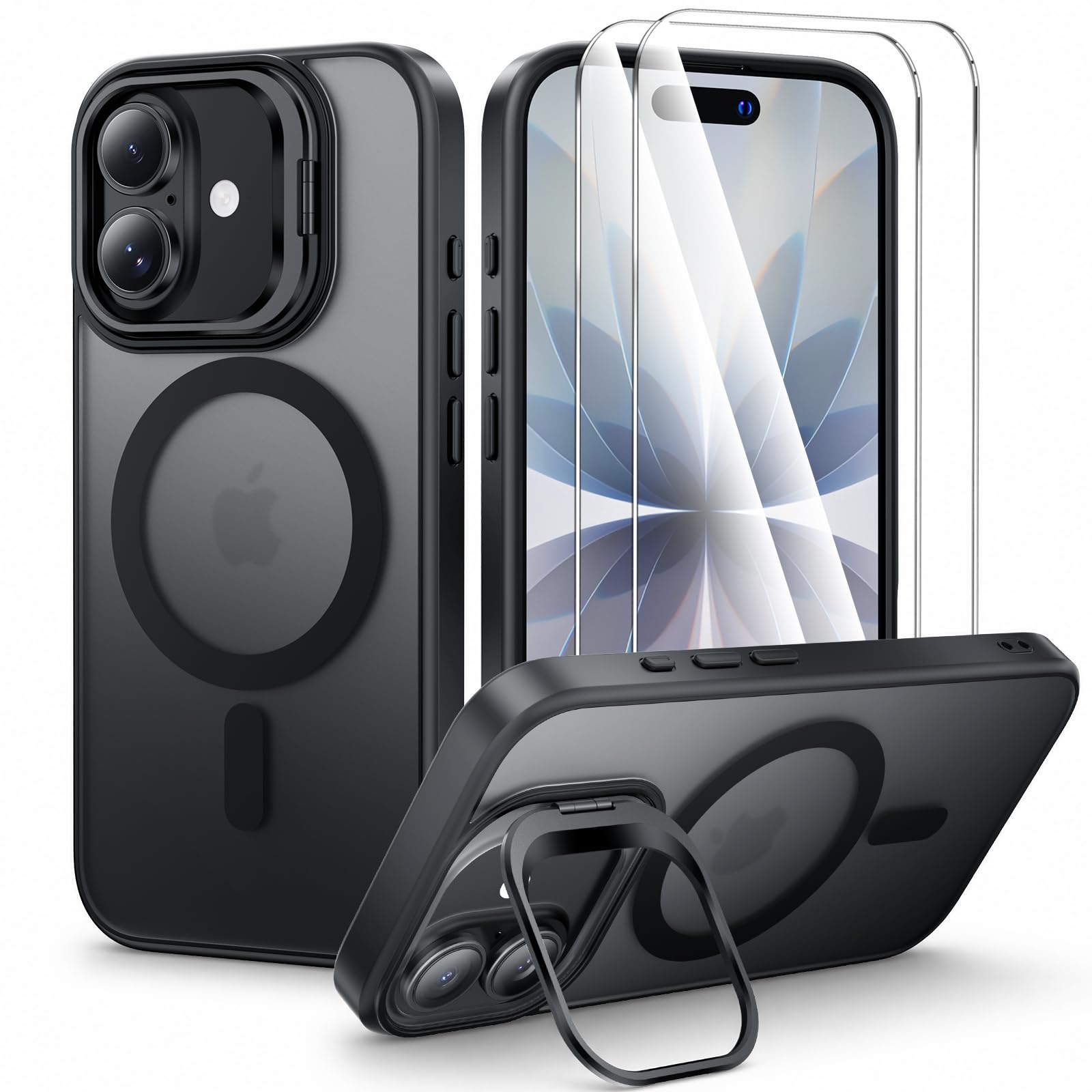 Bruzaio iPhone 17 用 ケース【強化フィルム2枚付き】隠しスタンド 調整可能 Magsafe対応・米軍規格 ブラック