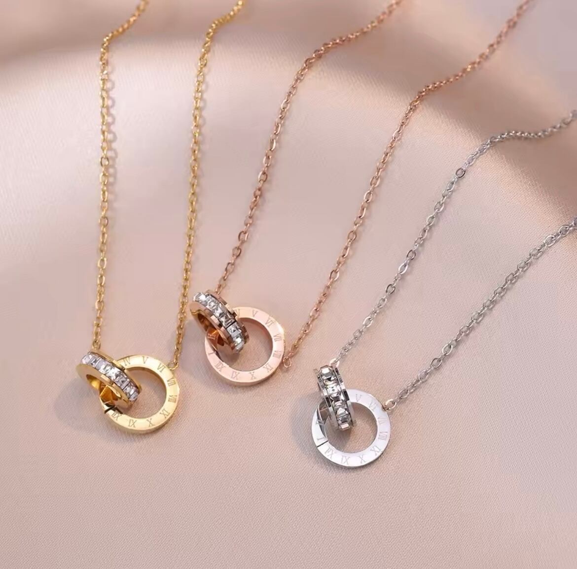 金アレ対応 キラキラダブルサークルネックレス(0666)