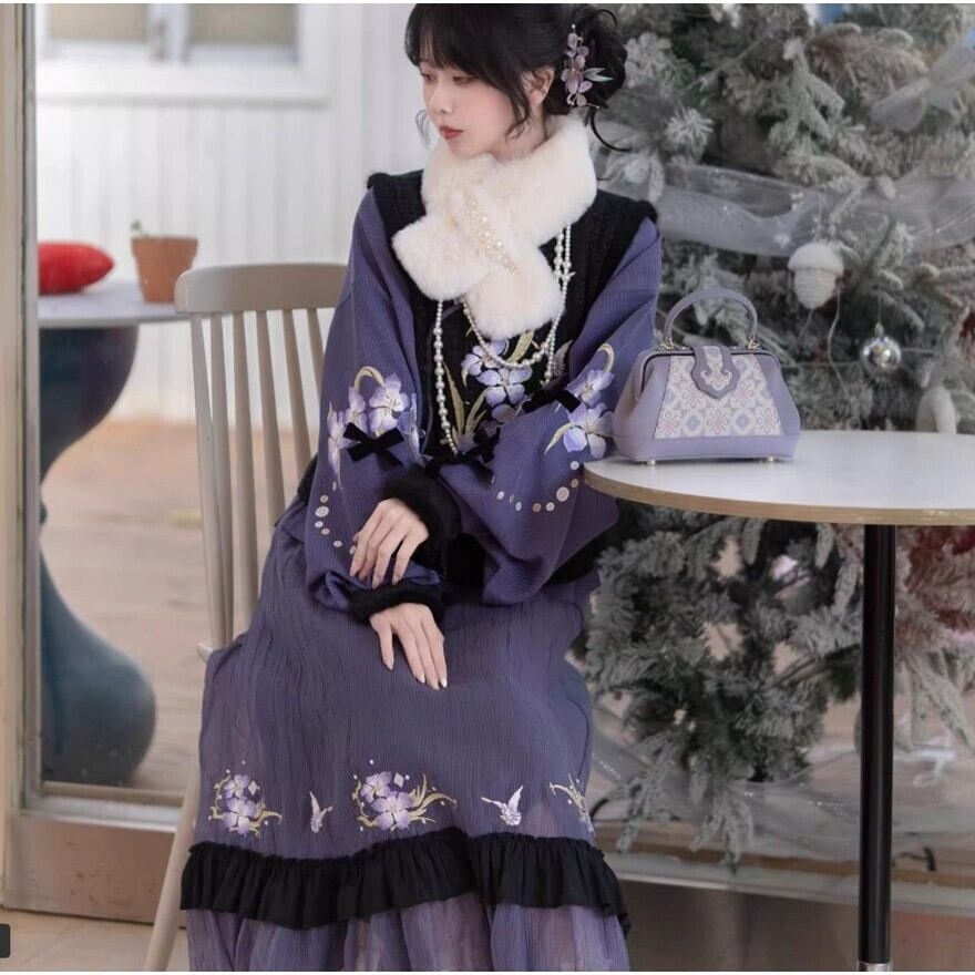 初心者の中華ロリータに| 5点フルセット| 藤色×黒の漢服風クラロリ