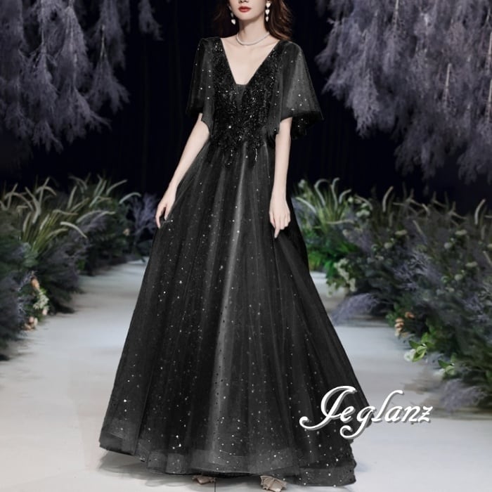 2色 パーティ イブニングドレス 背中 編み上げ ラメ 光沢感 (M8963)ε