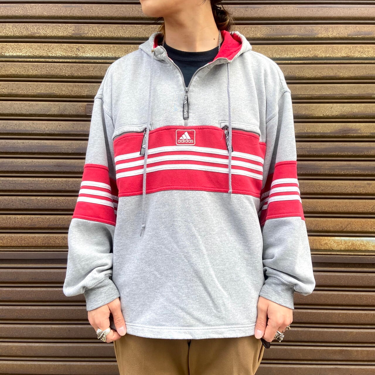 レアデザイン 90年代 Adidas アディダス ハーフジップ スウェット メンズxl相当 古着 90s ヴィンテージ ビンテージ トレーナー グレー レッド 大きいサイズ スウェット All15 Cave 古着屋 公式 古着通販サイト 30 Off Sale開催中