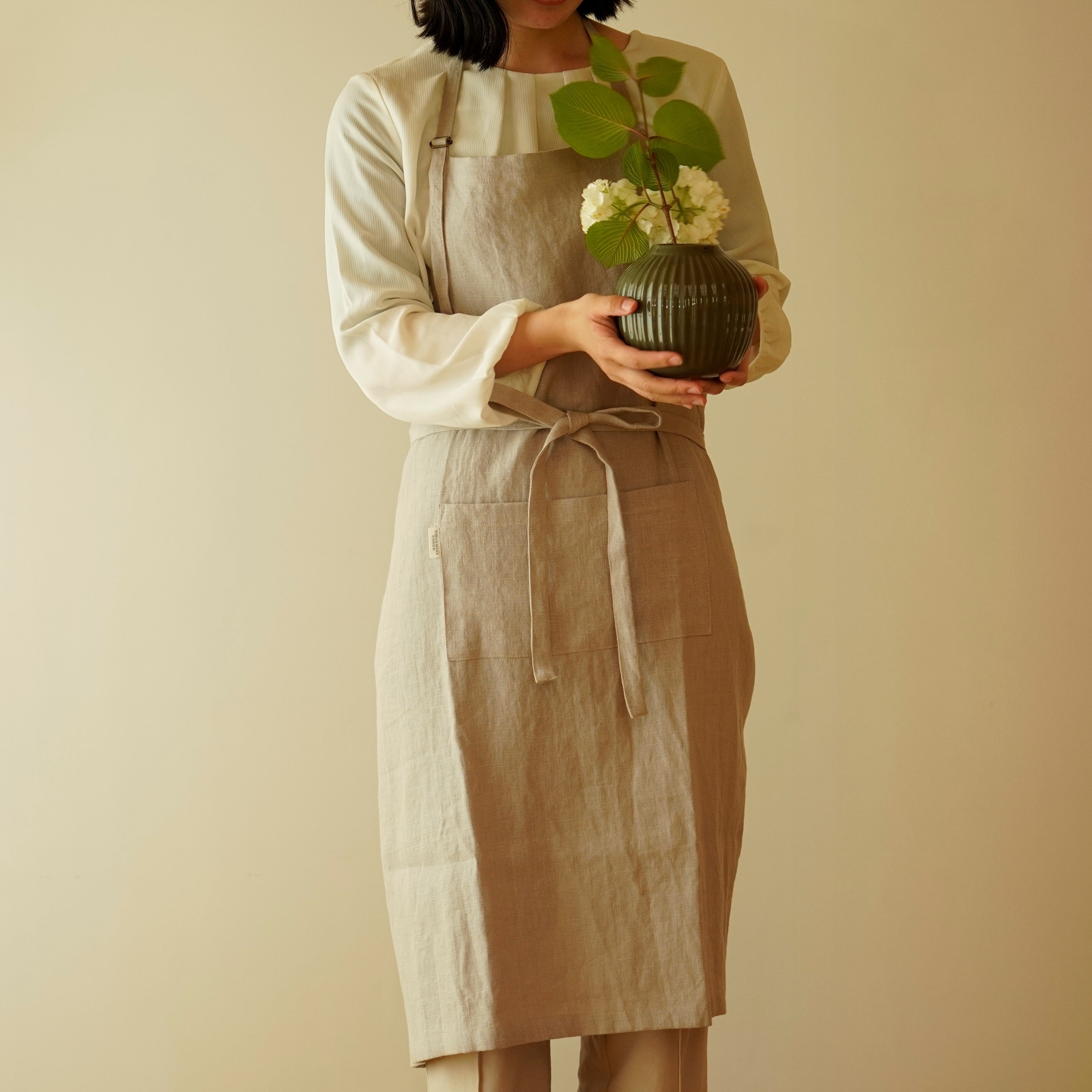 【ホルターネックエプロン】colonialcheck/リネン100%/キッチン雑貨/デイリー/ウオッシュライトグレー/コロニアルチェック