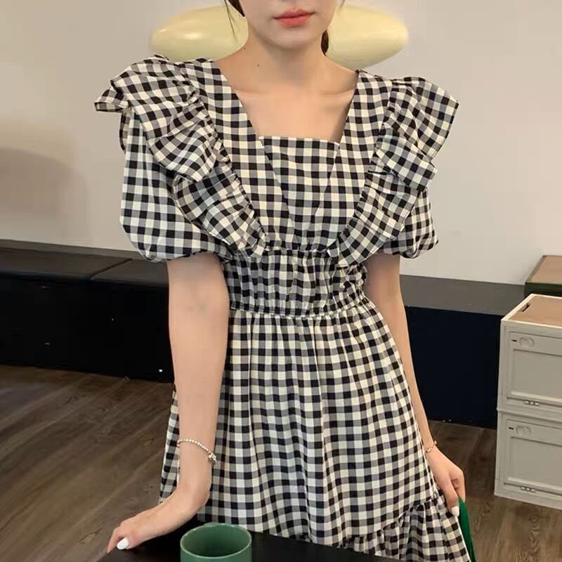 肩フリルチェック柄ワンピース G105CON0014