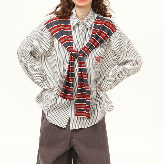 ショルダーデザインストライプシャツ   R00939