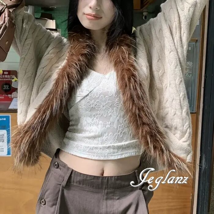 3色 ニット カーディガン ボレロ ボリュームファー 前後差丈 ♪(MB777)σ,ς*