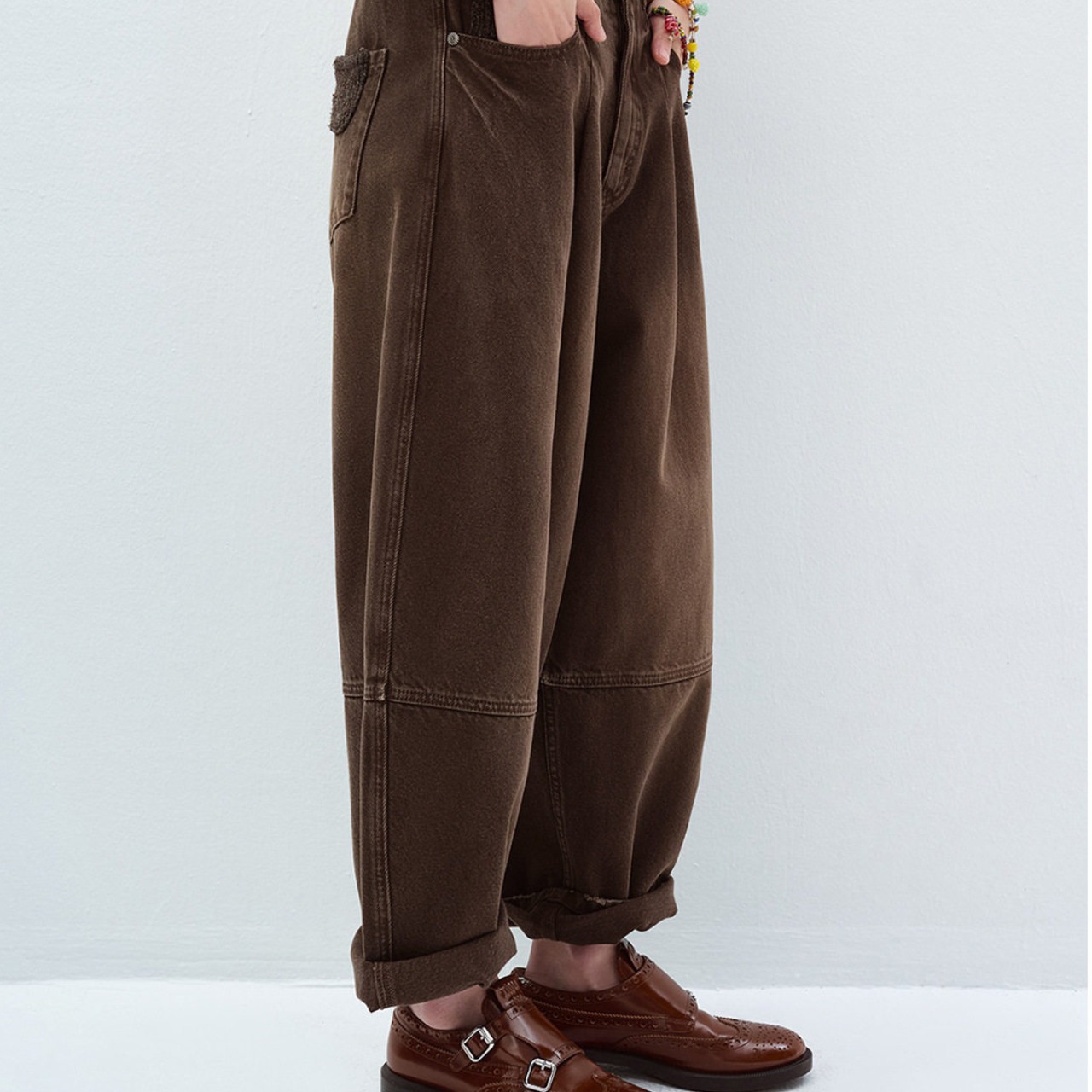 Hem Switching Wide  Denim Pants  T4515