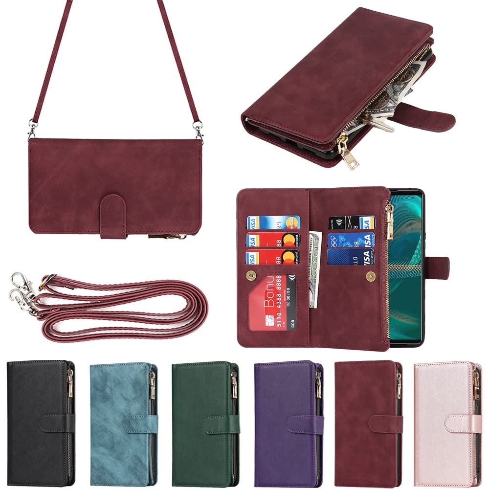 Eastwave for Xperia 5 III ケース for Sony エクスペリア 5iii SO-53B / SOG05 縄掛けケース 手帳型 財布型 ICカード コインポケット ストラップ付き カード 収納 小銭入れ ファスナーポケット付き PUレザー 6色 レッド