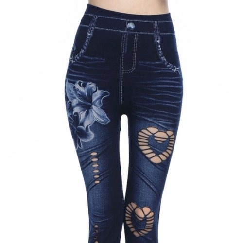 レギンスパンツ レディース レギンス デニム風 プリント ダメージ加工 スキニー 花 美脚 スキニーデニム ストレッチ 伸縮性 レギンスパンツ レディース レギンス デニム風 プリント ダメージ加工