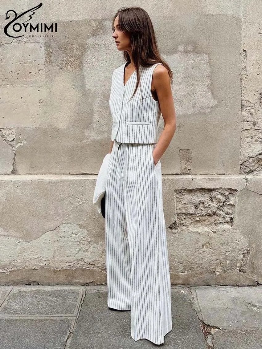 Yomimi-女性用ツーピースセット,白いプリント,Vネック,ノースリーブ,ボタン,ハイウエスト,ストレートパンツ,ファッション