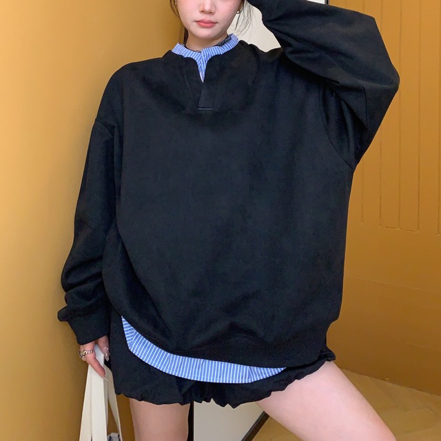 shirt layered style key neck long tee　シャツレイヤード風キーネックロングティー　J0809