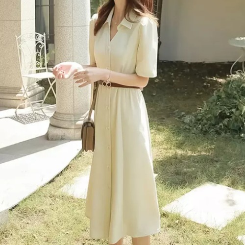 半袖ワンピース レディース ワンピース ミドル丈ワンピース 膝丈ワンピース 襟あり Ａラインスカート フロントボタン シンプル 無地 カジュアル お出かけ おしゃれ きれいめ ハイウエスト 女性
