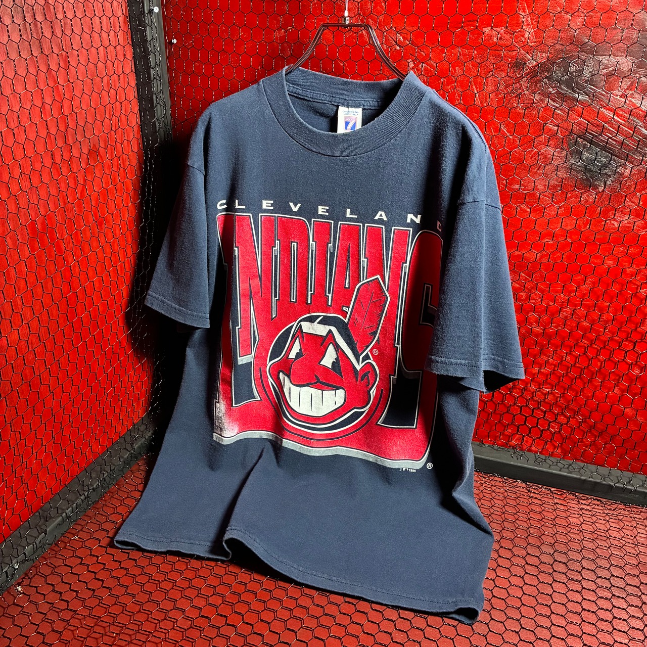90s USA製LOGO7 MLB INDIANS ワフー酋長 ロゴTシャツ ネイビー