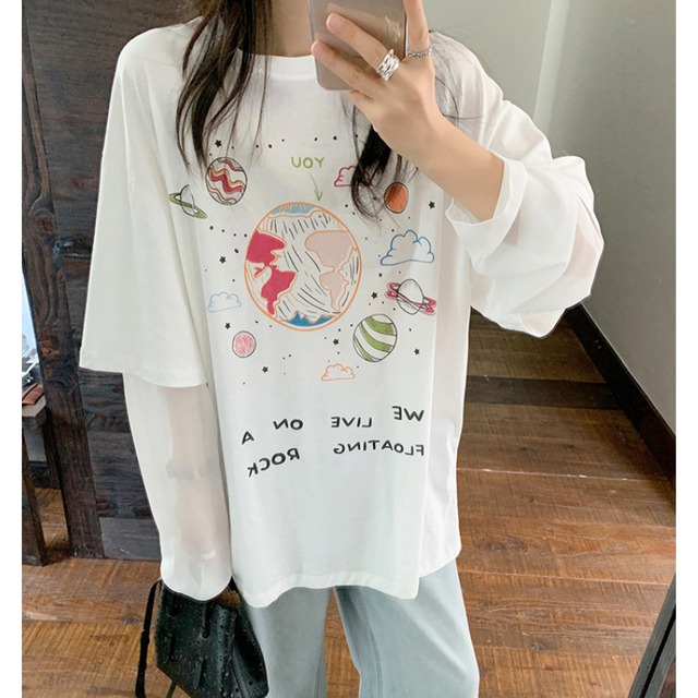 earth planet print sheer sleeve tee  e2059