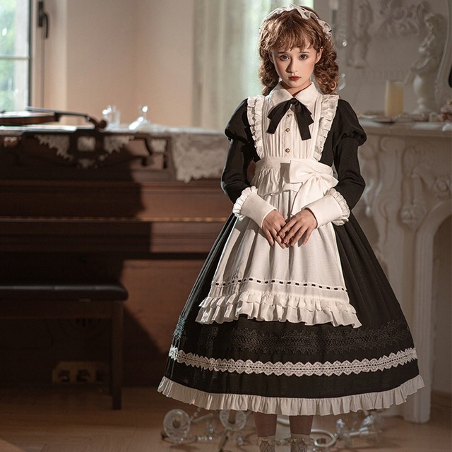 クラシカルメイド服 ワンピ 長袖 レトロ  エプロン ヘアバンド付き 英国風