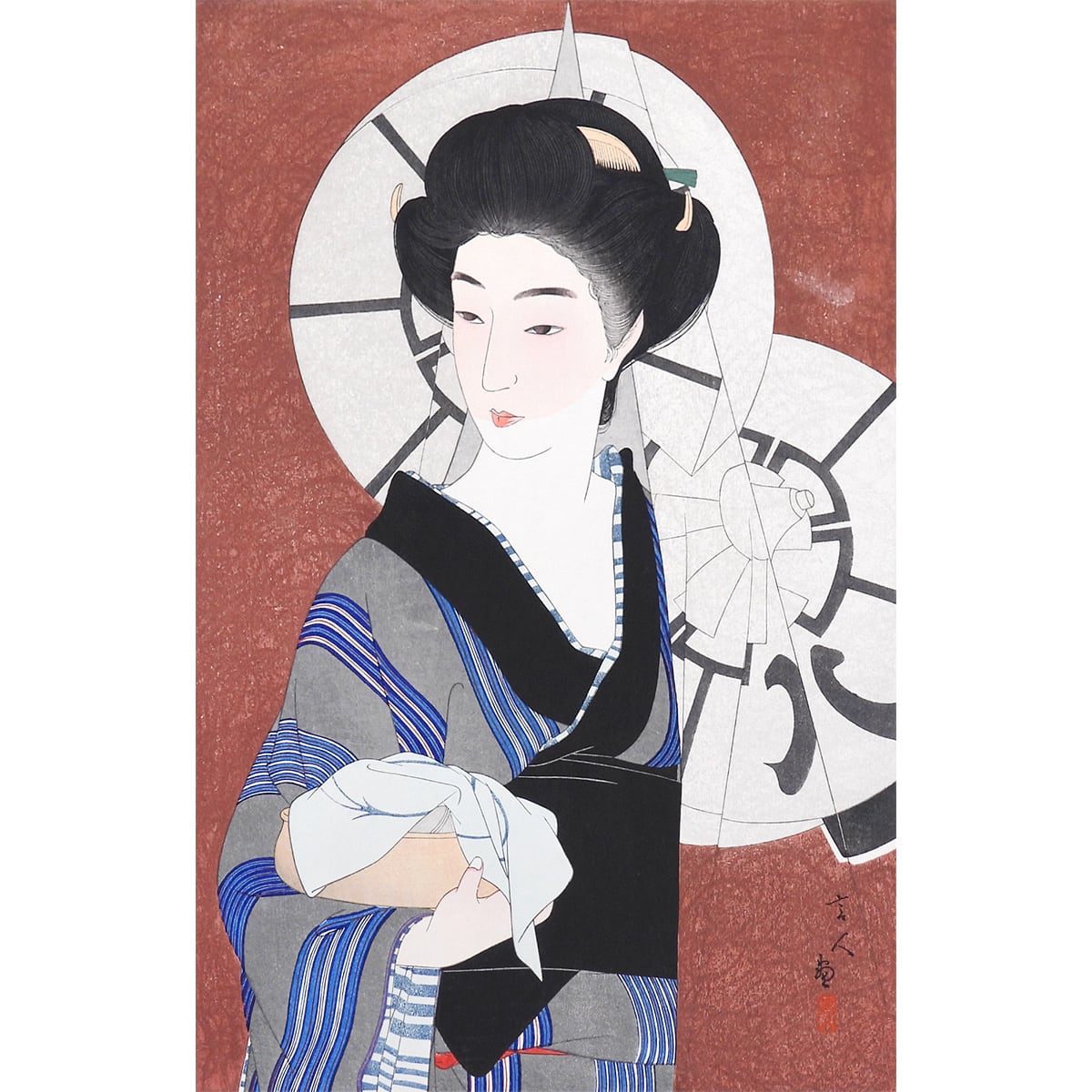 鳥居清忠 湯がへ里 おんな十二題より 人物画 美人画 木版画 浮世絵