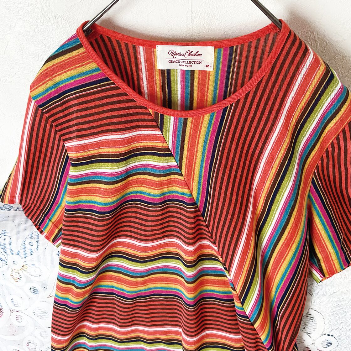 90s Maria Christina オレンジ系 ストライプTシャツ 昭和レトロ 