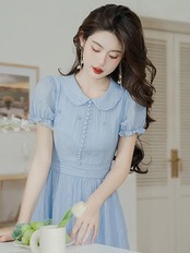 【0240】Flower Embroidery Puff Short Sleeve Dress