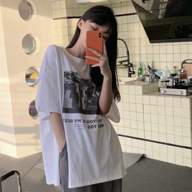 サマーラウンドネックカジュアルレディースルーズプリント柄ロングホワイトTシャツ 夏物 Oネック YY-ファッション17936387433