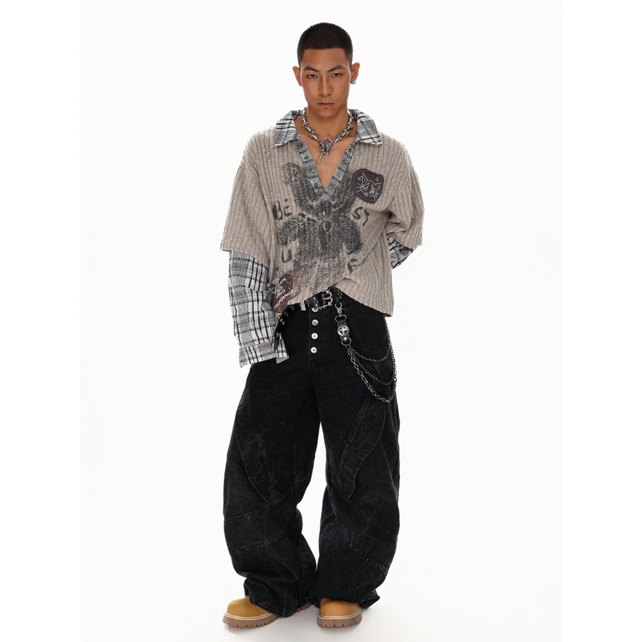 VINTAGE ストリート フェイクレイヤード ニットシャツ T1882