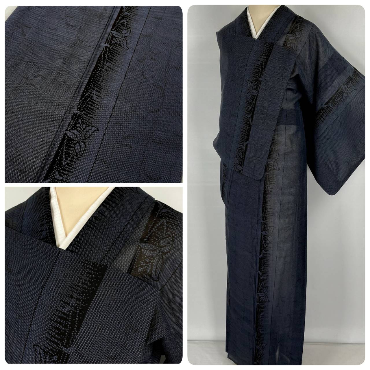 夏大島】未使用 唐草 葉 紗紬 小紋 正絹 紺 黒 922 | kimono Re:和