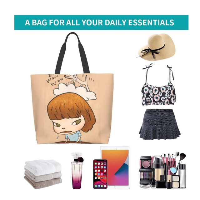 [MINIER] ならよしとも 奈良美智 エコバッグ レディーストートバッグ ショルダーバッグ 大容量買い物バッグコンビニバッグ 軽量防水 手提げバッグショッピングバッグ多機能ポータブル折りたたみ収納バッグ。幅さ50cmx高さ40cmx厚さ15cm