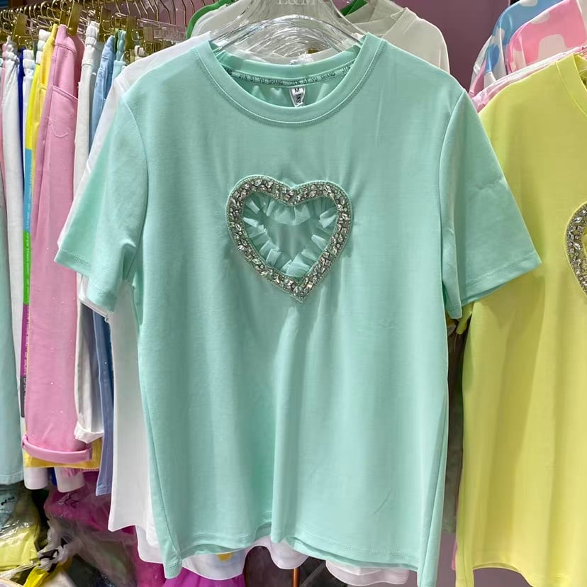 Tシャツ 緑 ピンク 黄色 ラインストーン Tシャツ ラインストーン ねこ