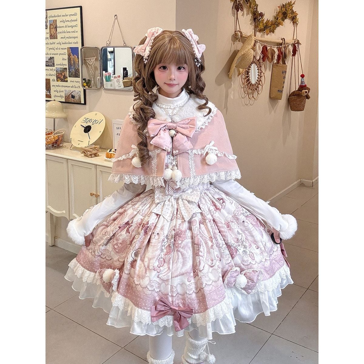 スイーツ・キャットピンクのケープロリィタセット：ワンピース