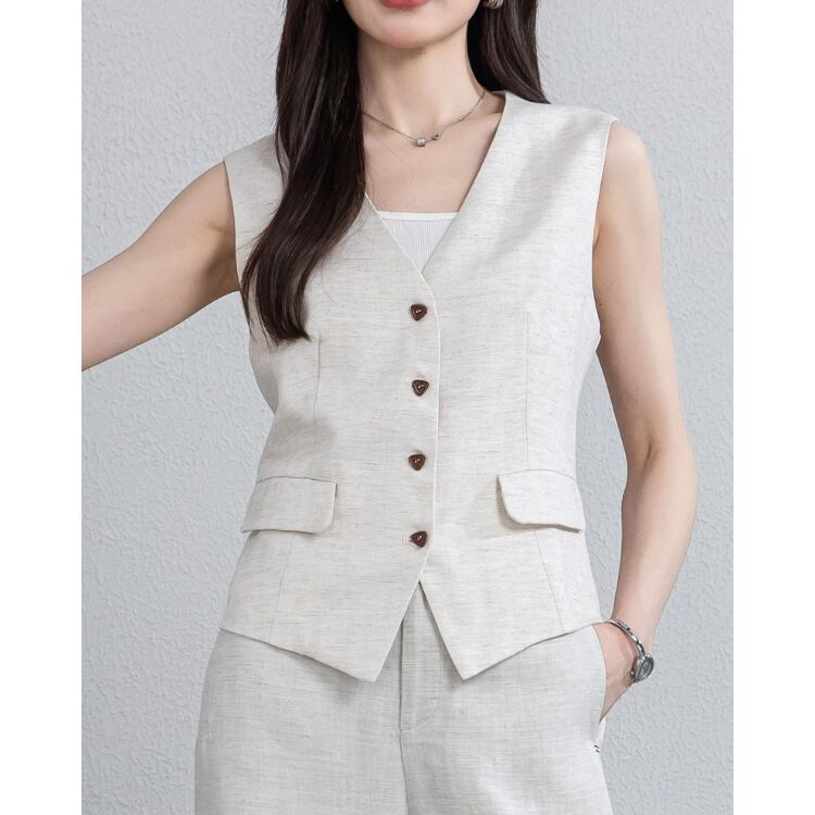 Linen Blend Vest Wide Leg Pants Set Relax Fit Summer 3Colors 2604031