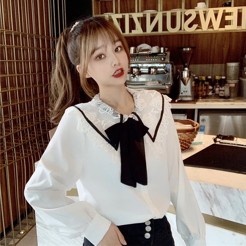 レースカラーリボンホワイト 白シャツ レディース ロング マキシ