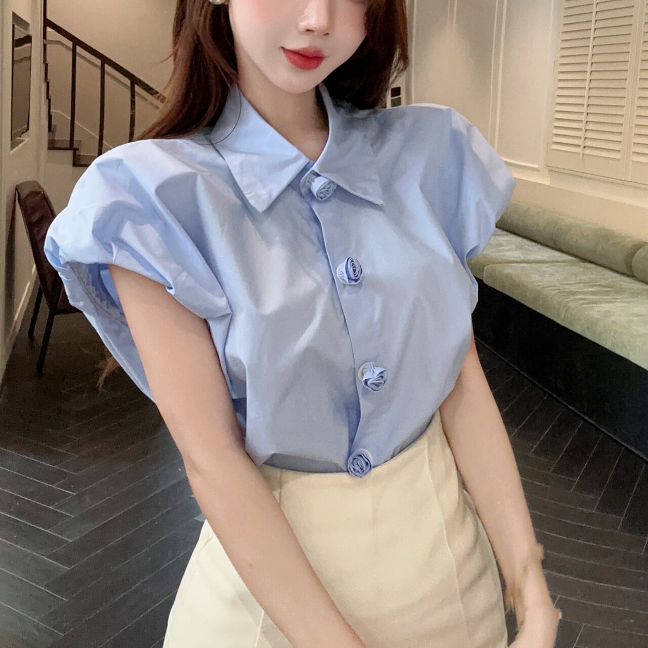 カメリア ボタン ブラウス 3color T056