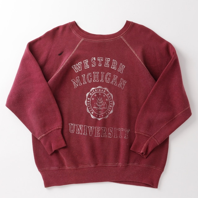 【希少】60s special vintage raglan sweat shirt mint condition "WESTERN MICHIGAN UNIVERSITY" made in USA fade burgundy ／ 60年代 ヴィンテージ ラグラン プリント 長袖 スウェットシャツ トレーナー USA製 実寸サイズM  フェード バーガンディー ミントコンディション