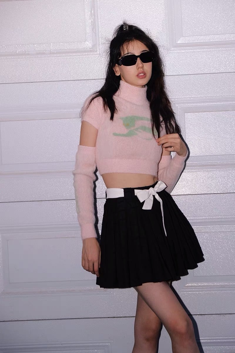 スカート】プリーツスカート ミニスカート リボン 黒 白 ボトムス