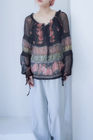 flower print shirring blouse