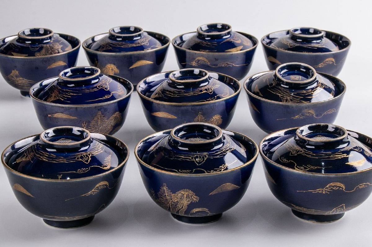 古伊万里 瑠璃釉金彩山水文蓋茶碗 10客 明治時代 F175E バラ売り可能