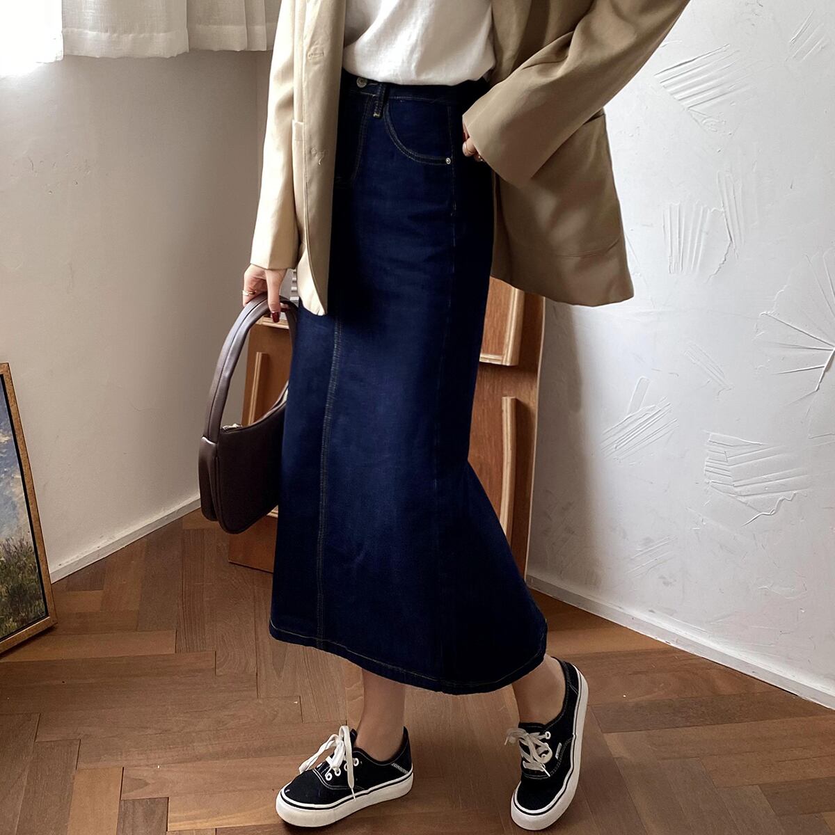 スカート オータムスタンダードハイウェストウェスト薄手Aライン レトロ 秋物 クレセントシティ41771170425