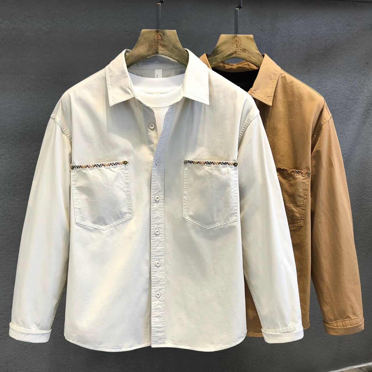 刺繍デザイン ボタンダウン ロングスリーブシャツ 00216