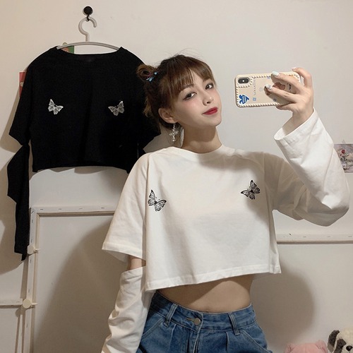 ✞ Tシャツ ラウンドネックプリントButterflyデザイン ショートジャケット 大人女子☆ ✞ゴスロリ SM ミリ 甘ロリ クラロリ 和ロリ エレガント 黒ロリ 姫ロリ 華ロリ BB-BB0206930